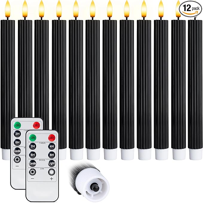 WYZworks 10" Fluted Ribbed LED Black Grooved Pillar Candles, Remote & 24h Timer Memory, On/Off Switch - Flameless Dimmable Battery Operated w/Flicker Mode, Home Wedding Decor (12 Pack)