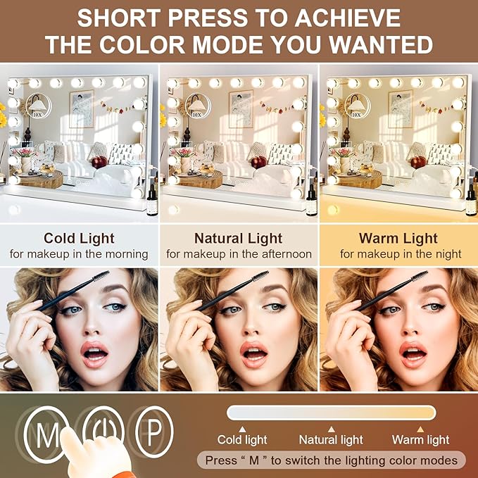 Kottova Vanity Mirror with Lights, 24.4"x21.2" Lighted Makeup Mirror with 3 Dimmable Color Modes,17 LED Hollywood Mirror with Touch Control, USB Charging Port, Tabletop & Wall-Mounted (White)