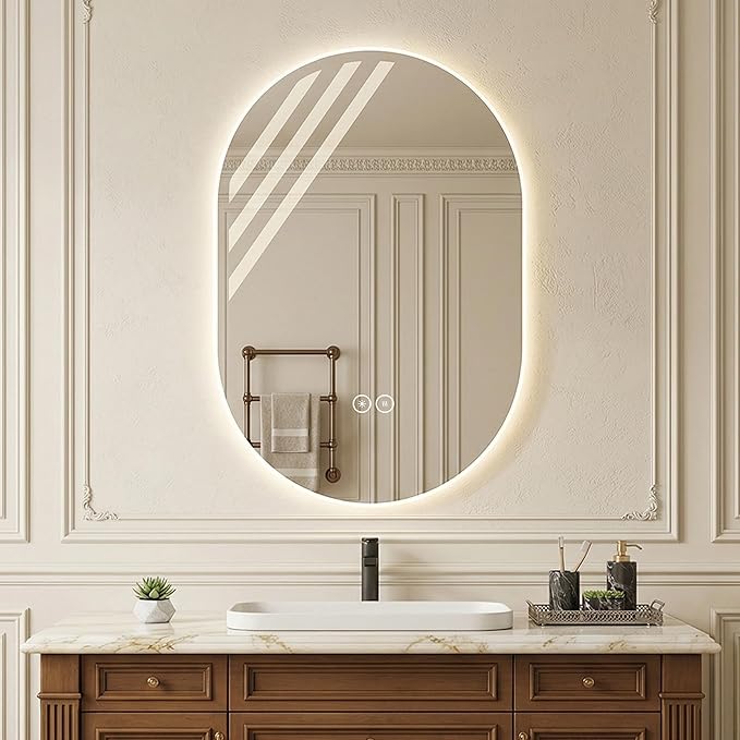 LAIYA 24V Full-Power Oval LED Bathroom Vanity Mirror, 40X24inch Frameless Backlit Mirror with Light, Smart Anti-Fog Waterproof Mirror with Memory Function Dimmable Lighted Mirror