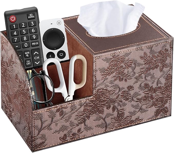 Fanousy Square Tissue Box Cover with Storage, PU Leather Cube Tissue Box Holder, Remote Control Nightstand Organizer, Modern Desk Caddy for End Table, Bathroom, Bedroom, Home, Office Decor