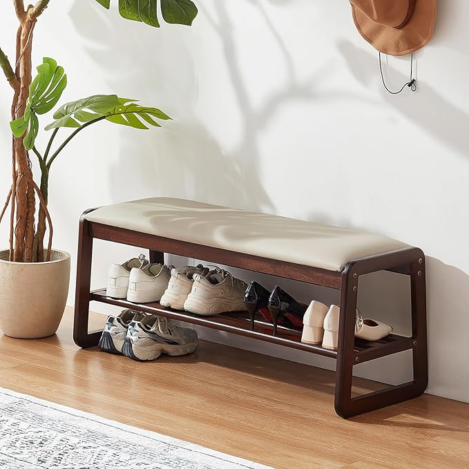 Shoe Rack Bench,2 Tier Wooden Entryway Bench with Shoe Storage, Shoe Rack with Cushion for Living Room, Hallway(Pu Beige, 39.4")