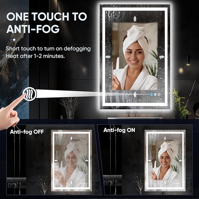 LED Bathroom Mirror, 24"x36" with Frontlit and Backlit Anti-Fog Mirror with Lights LED Vanity Mirror for Bathroom 3 Colors Temperature & Dimmable Bathroom Mirror with HD Tempered Glass
