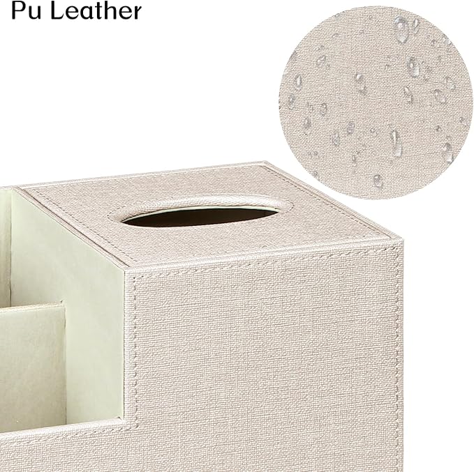 Fanousy Square Tissue Box Cover with Storage, PU Leather Cube Tissue Box Holder, Remote Control Nightstand Organizer, Modern Desk Caddy for End Table, Bathroom, Bedroom, Home, Office Decor