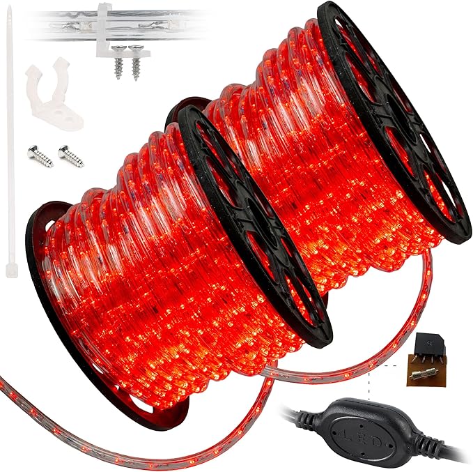 WYZworks 3312LEDs, 300ft LED Rope Light, Connectable Waterproof Permanent Outdoor Clear PVC Tube, ETL Certified, Christmas Trees Holiday Decorative Landscape Backyard Patio Accent Lighting - Red