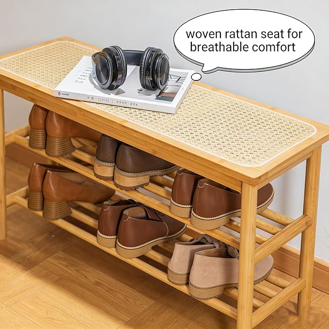 latifolia Shoe Rack Bench, 3-Tier Bamboo Shoe Bench with Breathable Rattan Seat Cushion, Shoe Storage Rack for Entryway(Nautre,31.50''L)