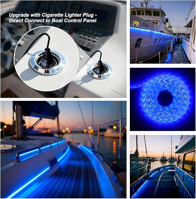 Upgraded Marine LED Light Strip - 12V 32.8FT Boat Lights with 2M Cigarette Lighter Plug, IP65 Waterproof, for Indoor Outdoor Pontoon Yacht RV Cabin