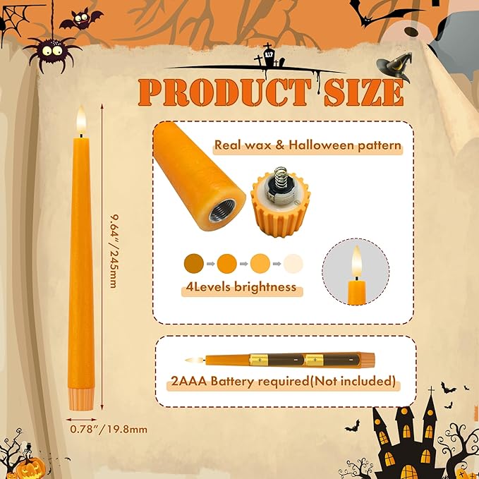 Orange Flameless Taper Candles, 9.6" Halloween Battery Operated Candles with Remote, Real Wax Fall Led Candle, Flickering Flameless Candlesticks for Fall, Thanksgiving, Harvest, Halloween Decor, 3 Pcs