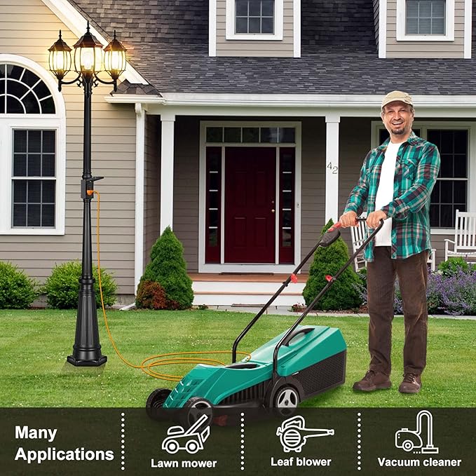 PARTPHONER Outdoor Lamp Post Light with GFCI Outlet, 3-Head Classic Black Light Pole with Glass Panels (3 LED Bulbs Included), Aluminum Waterproof Outside Street Light for Backyard Garden Driveway