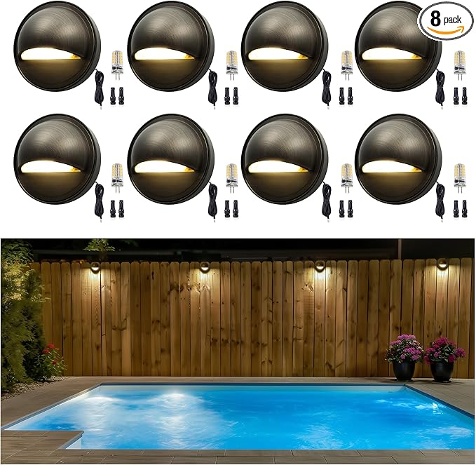 Gardenreet Low Voltage Deck Lights - Landscape Solid Brass Step Lights Outdoor, 12V LED Hardwired Waterproof, Round Bronze Lighting for Fence Wall Stair with 2700K Warm White G4 Bulb 8 Pack