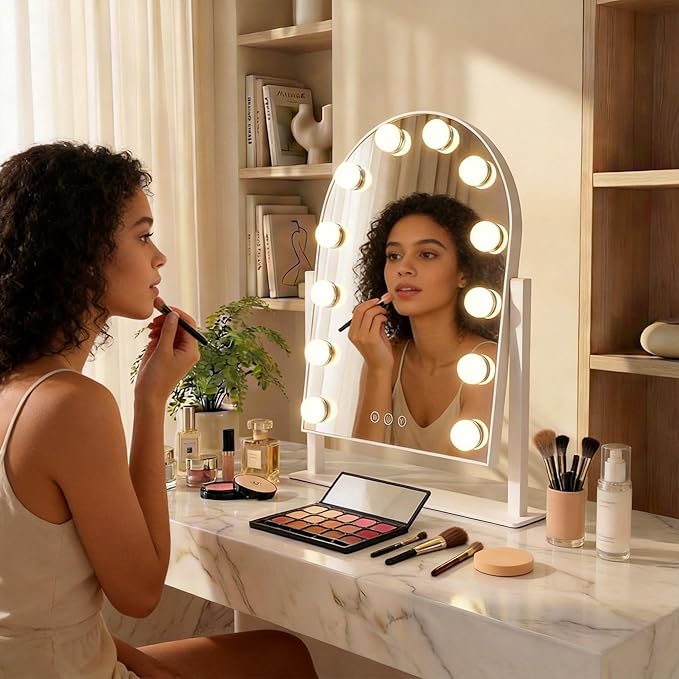 Arched Makeup Vanity Mirror with Lights 18.5"x 14.17" LED Makeup Mirror Detachable 10X Magnification, Hollywood Make Up Mirror with Lighting, Smart Touch, Rechargeable,360° Rotation, (White)
