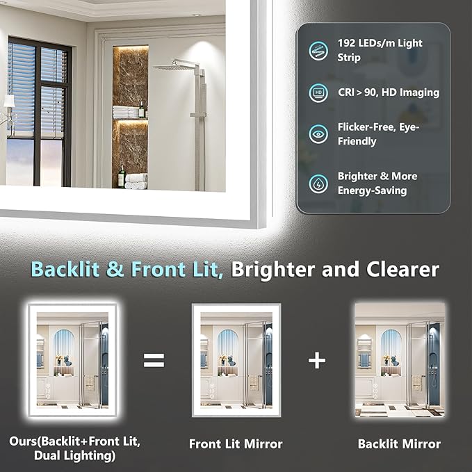 32x36 Brushed Nickel LED Bathroom Mirror with Lights, Sliver Framed Backlit and Front Lit Anti-Fog Lighted Vanity Mirrors for Bathroom Wall, Dimmable, 3 Colors, Memory, Tempered Glass, CRI＞90