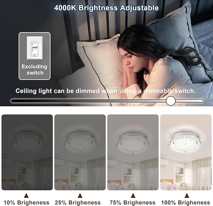 Flush Mount Crystal Ceiling Light Modernn Ceiling Mounted Light Hallway Light Fixtures LED 4000K Round Ceiling Light 8 Inch for Small Space, Bedroom, Foyer, Entryway, Bathoom, Kitchen