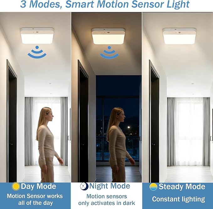 2 Pack Rechargeable Motion Sensor LED Ceiling Light with Remote, Wireless Battery Operated Closet Light, 400LM Dimmable 3 Color Temperatures, Ideal for Stair Hallway Garage Pantry