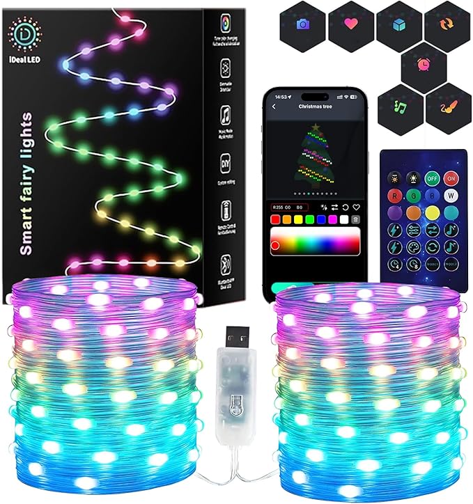 Smart Fairy Lights 98.4Ft 300LEDs, Color Changing led String Lights with Remote & APP Control, DIY RGB-IC Dynamic Multicolor Twinkle Lights for Indoor Christmas Room Bedroom Party Decor