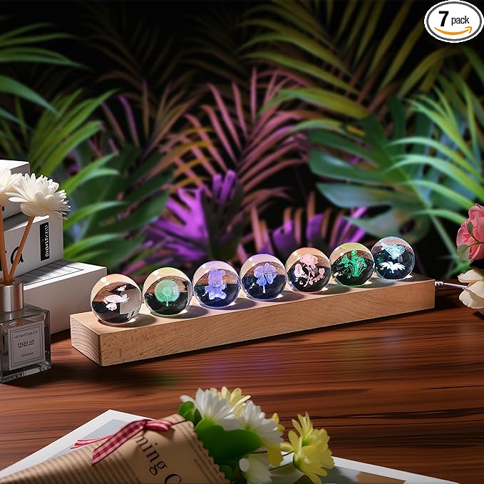 7 Pcs Flower Crystal Ball Night Light with LED Wooden Base, 3D Dandelion, Four-Leaf Clover, Mushroom, Rose, Tulip Plant Lamp for Home Office Gifts for Christmas Decor