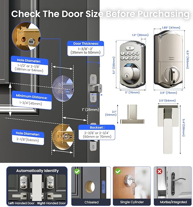 Veise VE012W-L Built-in Wi-Fi Fingerprint Smart Lock with Lever Handle Set, App Remote Control, Keyless Entry for Front Door, Deadbolt Digital Backlit Keypad, Voice Assistant, Auto Lock, Satin Nickel