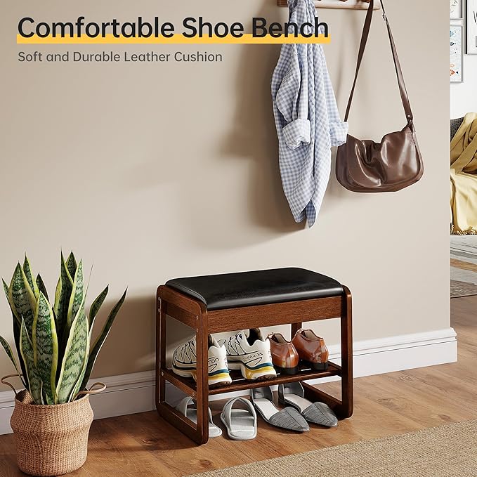 Shoe Rack Bench with Flip-Top Storage, Rubberwood 2-Tier Shoe Organizer with Cushion, Small Wooden Shoe Stand for Entryway, Mudroom, Hallway, Closet, Front Door Entrance, Foyer