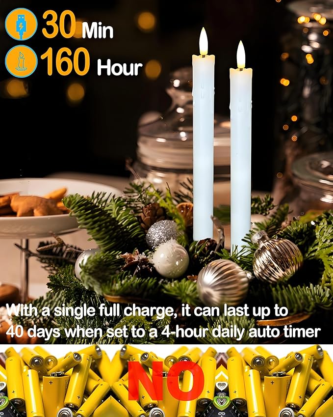 9.6" Rechargeable Flameless Taper Candles with Remote, Timer, Dimmer, White LED CandleSticks, 6 Pack Long Candles Battery Operated for Window, Table, and Mantel Decor
