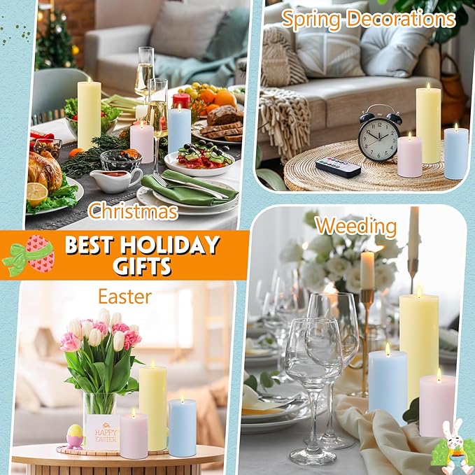 Retisee 3 Pcs Large Easter Flameless LED Candles with Remote Battery Operated Pillar Flickering Candle Light for Spring Indoor Outdoor Party Wedding Decor(6''/8''/12''x4'')