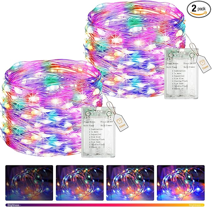 btfarm 2 Pack Fairy Lights Battery Operated with Timer, 16.4 FT 50 LED Silver Wire Twinkle String Lights 8 Modes Dimmable Waterproof for Indoor Christmas Bedroom Wedding Decorations, Multicolor