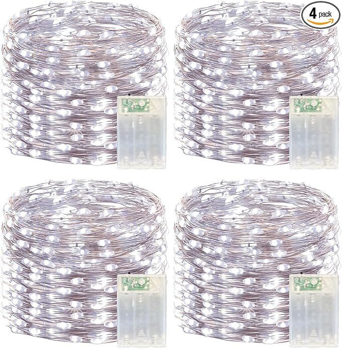 4 Pack 240LED Christmas Cool White Fairy Lights Battery Operated - 20FT Twinkle Lights with 2 Lighting Modes Indoor Outdoor, Waterproof Led Fairy String Lights for Bedroom, Classroom, Dorm, DIY Decor