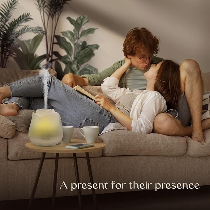 Earnest Living Rose Essential Oil Diffuser 150ml – Mini Ultrasonic Aromatherapy Humidifier for Bedroom & Desk, Quiet Mist, USB Powered, 7-Color Night Light, Valentine's Gift for Women – Solid White