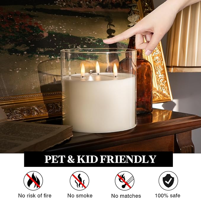 Extra Large Flameless Candles with 3 Wicks, 6"x6" Glass Battery Operated Candles with Remote, Real Wax Flickering LED Candles Fake Candle for Home, Wedding, Party, Clear