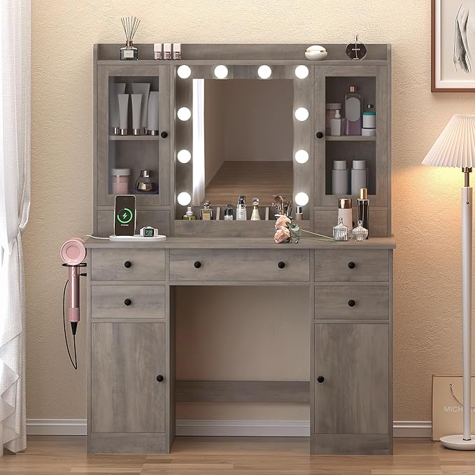 Vanity Desk with Mirror and Lights, 43" Grey Makeup Vanity Set with 5 Drawers & Glass Cabinets, Makeup Tray, Power Outlet & Adjustable LED Lights, Dressing Table for Women & Girls Bedroom