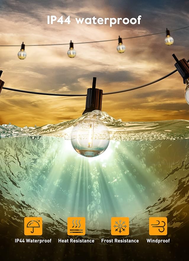 Brightown Outdoor String Lights, 38FT 15 Shatterproof LED Bulbs with Remote, Waterproof Dimmable Patio Hanging Lamps for Porch, Balcony, Bistro, Cafe, Deck, Backyard