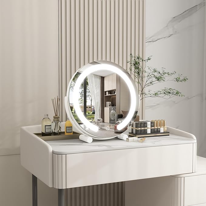 ROLOVE Vanity Mirror with Lights, 12 Inch Light Up Makeup Mirror, LED Makeup Mirror with Lights for Bedroom Tabletop, Smart Touch Control 3 Colors Dimmable, 360° Rotation, White