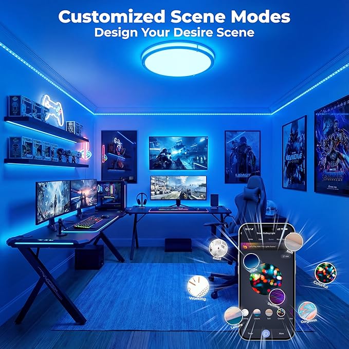 CINOTON 16 inch Smart Ceiling Light RGBCW, 40W LED Ceiling Light Fixture, 16 Million RGB & 2700K-6500K Adjustable for Bedroom Dining & Living Room Kitchen, Works with Alexa & Google Assistant, 1 Pack