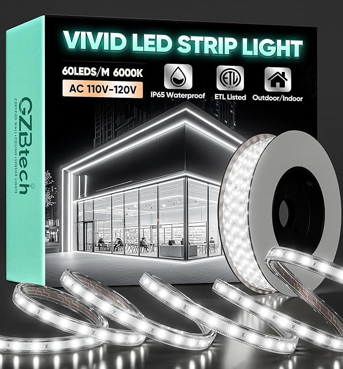 GZBtech AC 110-120V LED Strip Lighting 33FT/10M, 6000K Cool White IP65 Waterproof Outdoor Strip Lights, 60LEDs/M SMD2835 Cuttable & Connectable LED Rope Light for Indoor Outside Exterior, ETL Listed
