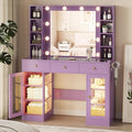 Makeup Vanity Desk with Mirror and Lights, Glass Top Vanity Table Set with Drawers & Power Outlet, Large Dressing Table with 3 Color Lighting Modes & RGB Cabinets for Women Girls Kids Bedroom, Purple
