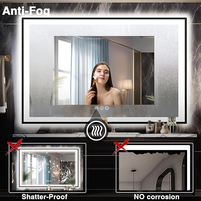 60x40 LED Mirror for Bathroom - Matte Black Framed (Front and Backlit), Anti-Fog Stepless 3 Colors Dimmable Lit Smart Vanity Mirror with Lights(Horizontal/Vertical)