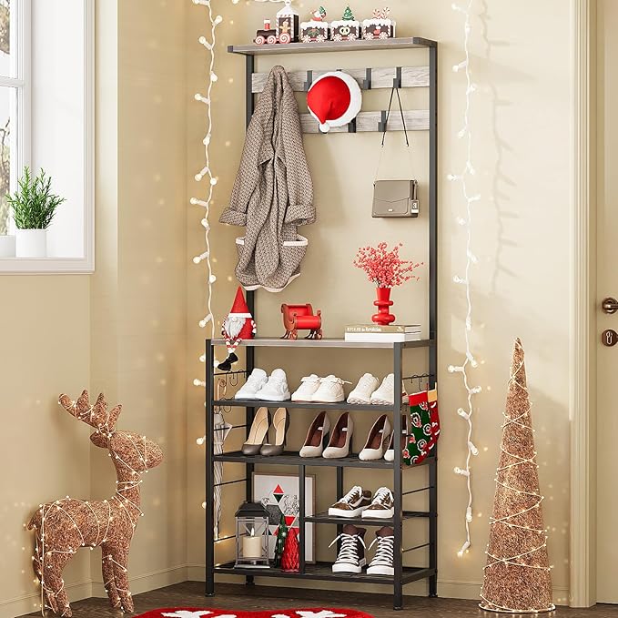GiftGo Vintage Large 5-Tier Hall Tree with Console Table Entryway Coat Rack Floor Standing Shoes Rack Storage Shelf Organizer for Home Office Bedroom (Greige)