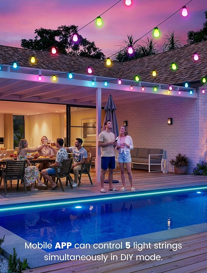 woohaha Outdoor String Lights,45FT Smart RGB+IC+Warm White Outdoor Patio Lights with 19 Dimmable LED Bulbs, IP65 Color Changing Light with APP Control&2.4G Remote,for Outside Backyard Decor