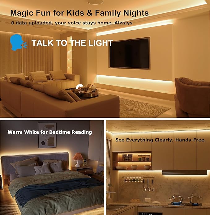 AI Voice Activated Under Bed Lights Strip, Dimmable White 2700-5000K, Kids Smart Night Lights 16.4ft, Strong Adhesive USB Powered No Smart Hub & App & Wifi Needed for Cabinets Reading Kitchen Mirror
