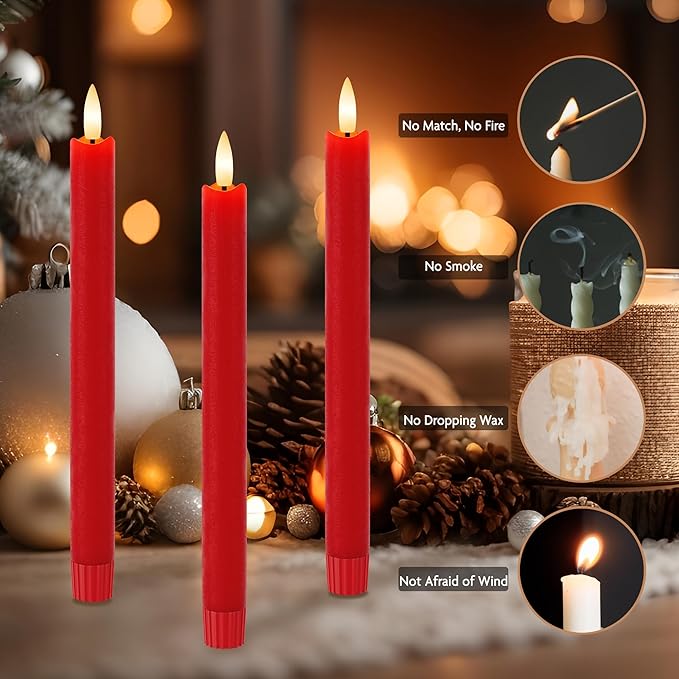 Red Flameless Taper Candles 9.6" Christmas LED Candles Real Wax with Remote Timer, Battery Operated LED Candles Set with 3D Flickering Flame, Classic Flickering Candlesticks for Home, Party, 6 Pack