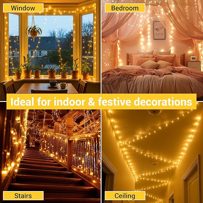 Magnetic String Lights - 60ft LED Fairy Lights with Quick Connect - Indoor Plug in - Warm & Bright White - Dorm Room Decorations