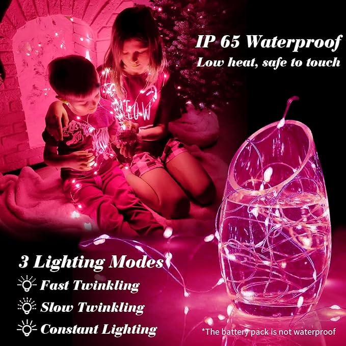 ZGWJ 6 Pack Fairy Lights Battery Operated with Remote, 7ft 20 LED Mini Fairy String Lights with Timer 8 Lighting Modes Waterproof for Halloween Christmas Tree DIY, Parties, Bedroom Decorations Pink