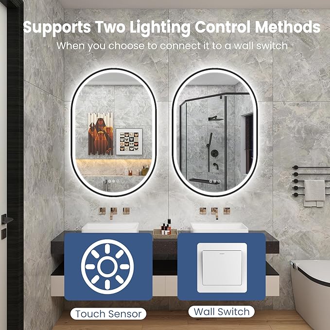 STARLEAD 24"x36" Black Frameless Oval LED Bathroom Mirror with Bluetooth Speaker, Dimmable Lighting, 3 Color Modes, Anti-Fog, Touch Control Wall Mounted Vanity Mirror