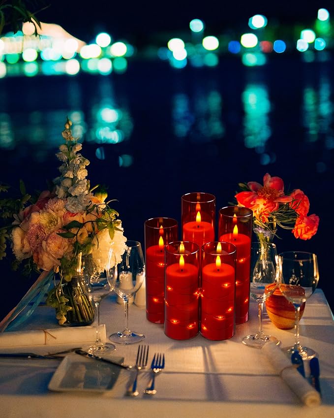 Da by Flameless Candle Light, Battery Candle with recessed String Light, 5 flameless Candles with 11-Key Remote Control, 24-Hour Timer Function, red