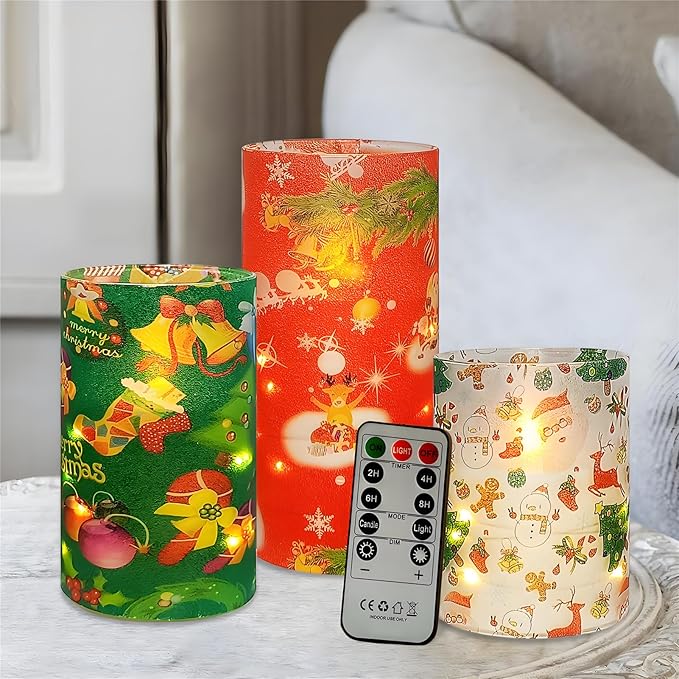 Floral Flameless Candles with String Lights - 3pcs Battery Operated Candle Flickering Christmas LED Pillar Candles with Timer Remote for Home Decor Romantic Ambiance,CH