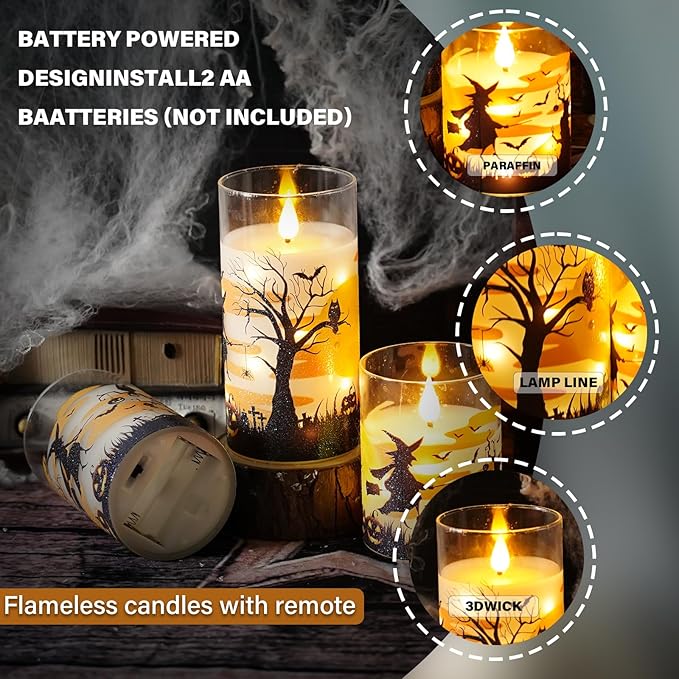 Flameless Candles Real Wax Realistic Halloween Candles with Glass Shell, Battery Operated LED Pillar Candle with Remote Timer, Ideal for Halloween Home Decor（D 3"*H 4" 5" 6" ）