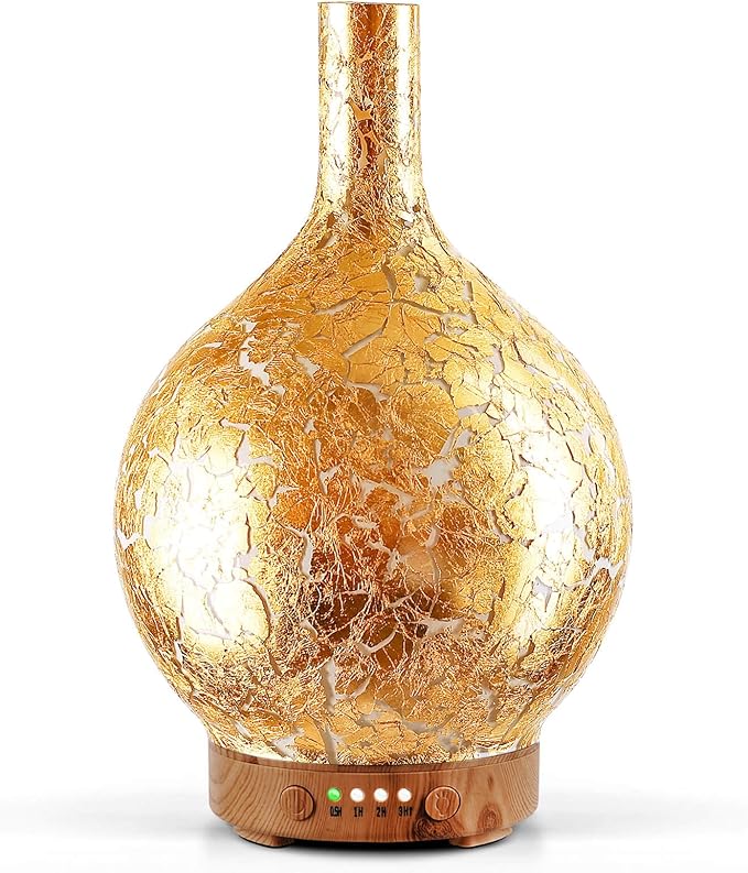 Porseme Gold Plated Essential Oil Diffuser Glass Aromatherapy Ultrasonic Humidifier, Auto Shut-Off,Timer Setting, BPA Free,Aroma Decoration for Home,Office,Gym,Spa,Premium Gift 150ml