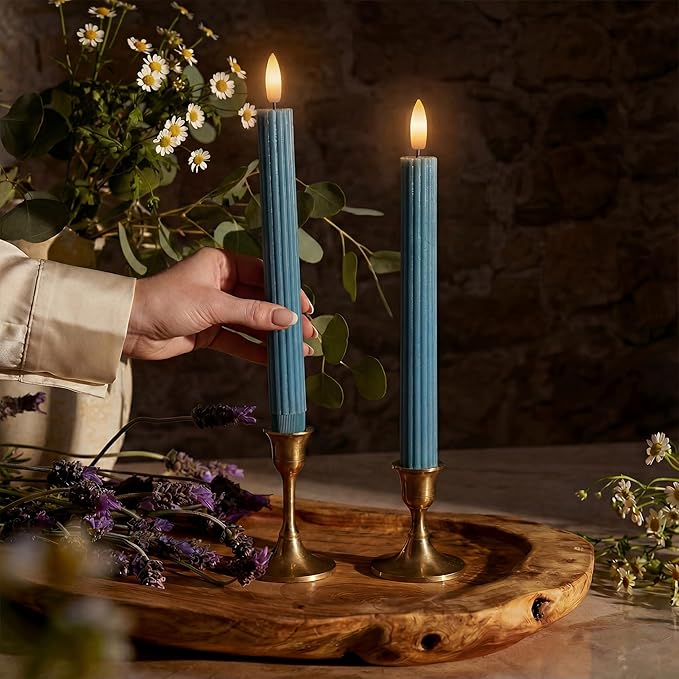 WYZworks 10" Fluted Ribbed LED Blue Grooved Pillar Candles, Remote & 24h Timer Memory, On/Off Switch - Flameless Dimmable Battery Operated w/Flicker Mode, Home Wedding Decor (6 Pack)