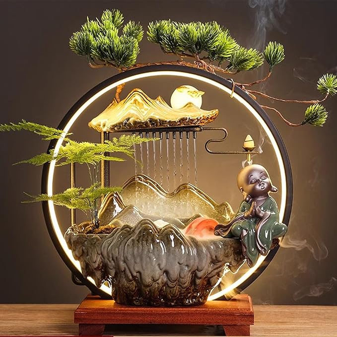 LED Halo Reflux I, Ceramic Zen Ornament with Rain Curtain Flowing Water Waterfall I Sitting, Suitable for Home Office Yoga Meditation Use