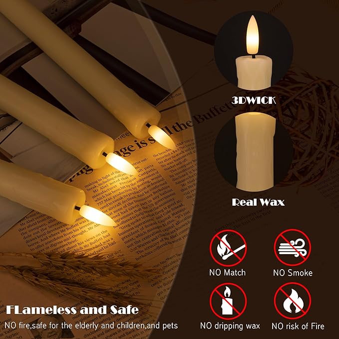 Flameless Taper Candles with Remote, 6 Pack Real Wax LED Battery Operated Candle with Flickering Flame, Safe Home Décor for Living Room, Bedroom, and Dining Table, Dripping Wax Ivory
