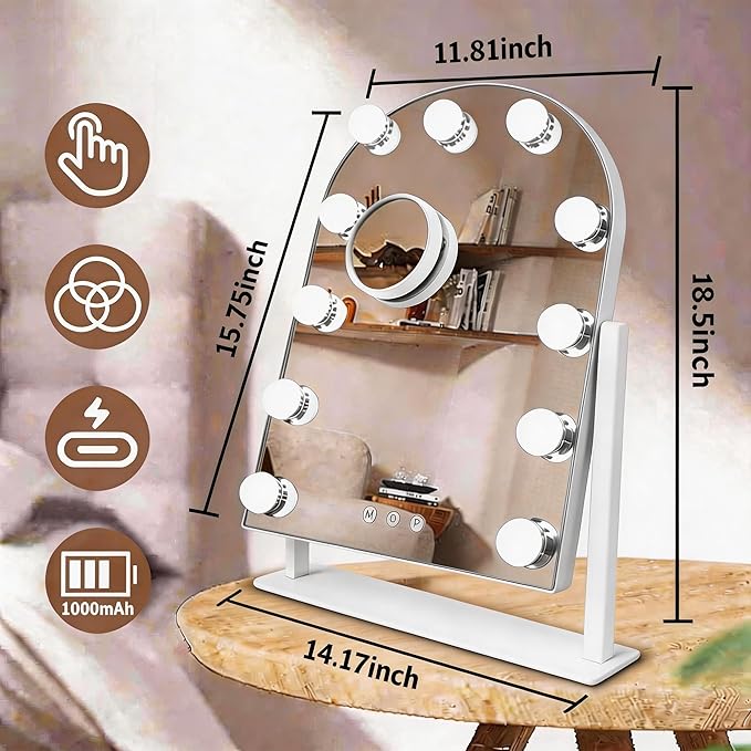 Arched Makeup Vanity Mirror with Lights 18.5"x 14.17" LED Makeup Mirror Detachable 10X Magnification, Hollywood Make Up Mirror with Lighting, Smart Touch, Rechargeable,360° Rotation, (White)