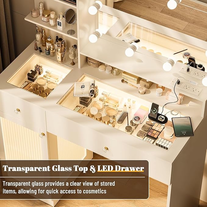 Makeup Vanity Desk with Mirror and Lights, Modern Glass Top Makeup Desk Set with Power Outlet, Drawers and Cabinet, 3 Lighting Color Adjustable Dressing Table for Bedroom